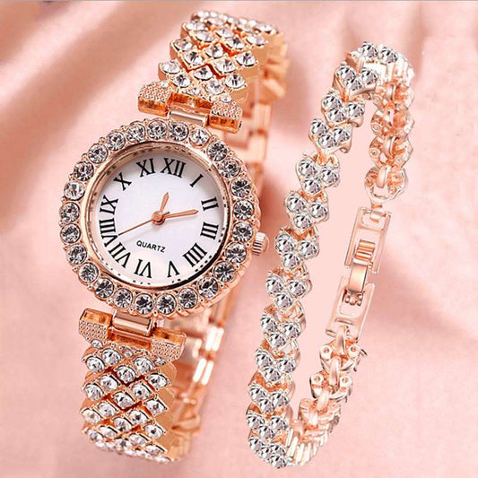 Roman pattern diamond women's quartz wristwatch - Rose Gold