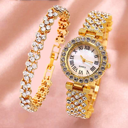Roman pattern diamond  women's quartz wristwatch - Gold