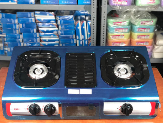 Gas burner with double stove and griller in the middle