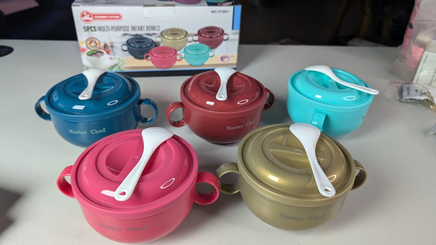 5pcs Infant insulated weaning plate plates with lid and 5 free spoon